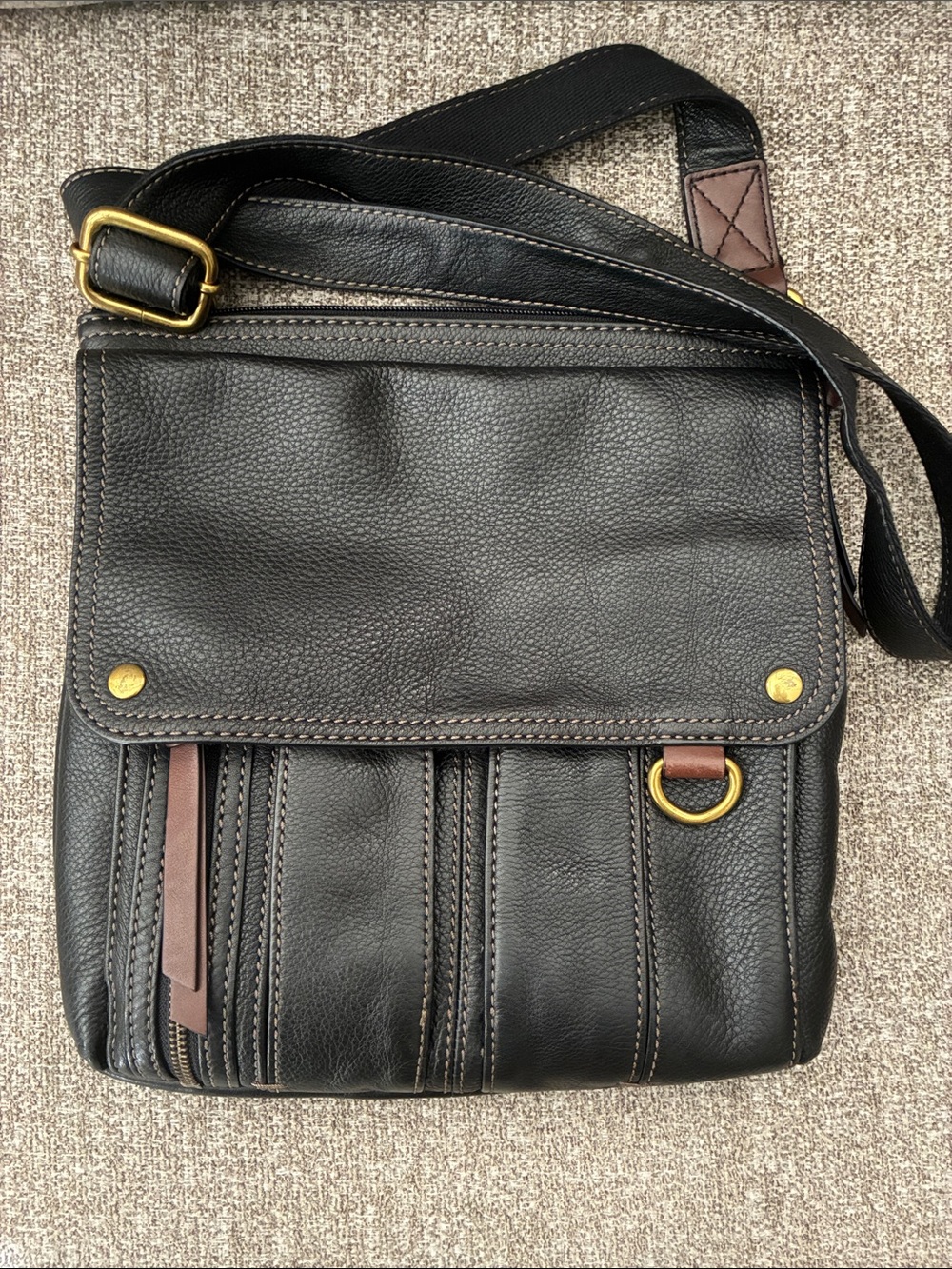 Fossil Black Leather Crossbody with Brass Accents